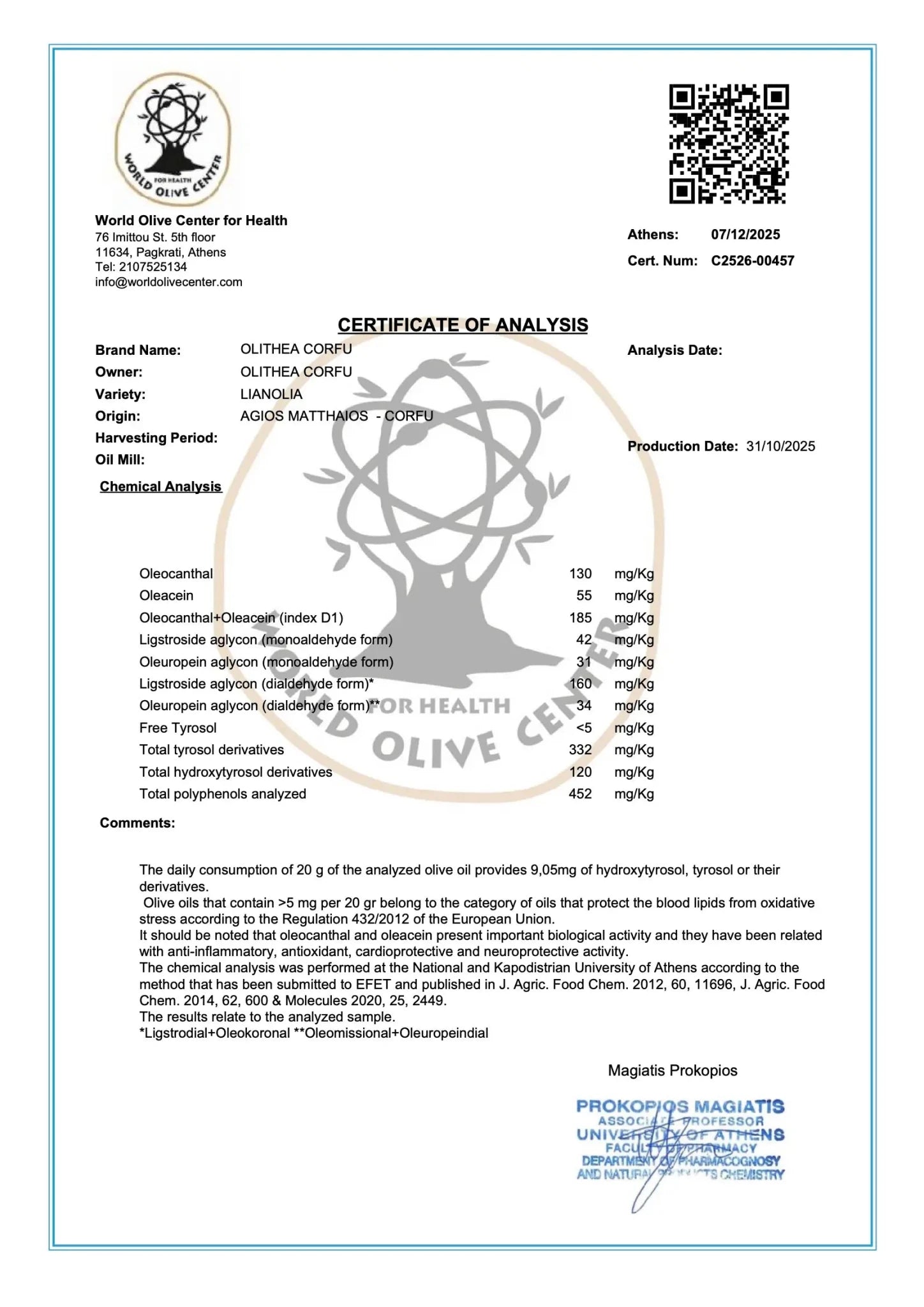 Olithea Extra Vierge Olijfolie uit Corfu – Biologisch & Gezondheidsclaim - TheOliveLabel.shop