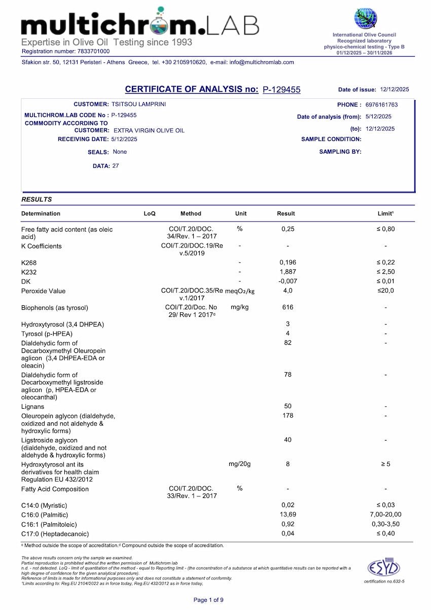 Biologische Extra Vierge Olijfolie uit Griekenland 500 ml | Cultũra | 616 mg/kg polyfenolen - TheOliveLabel.shop