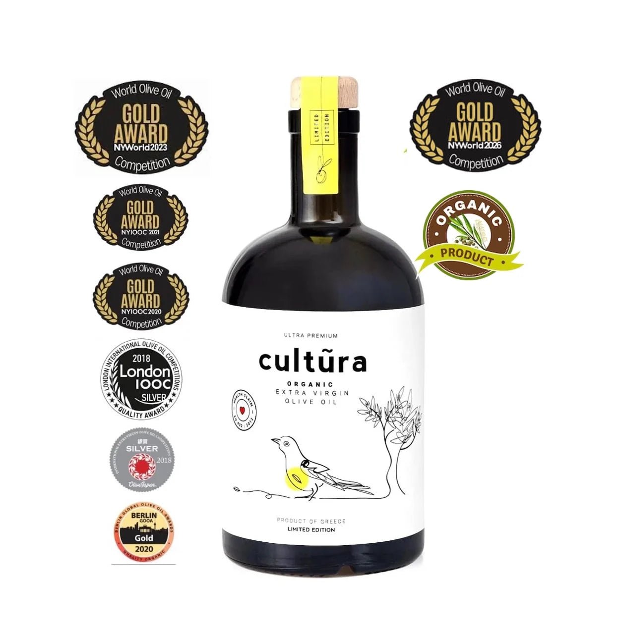 Cultũra biologische extra vierge olijfolie uit Griekenland, 500 ml, met EU-gezondheidsclaim Awards