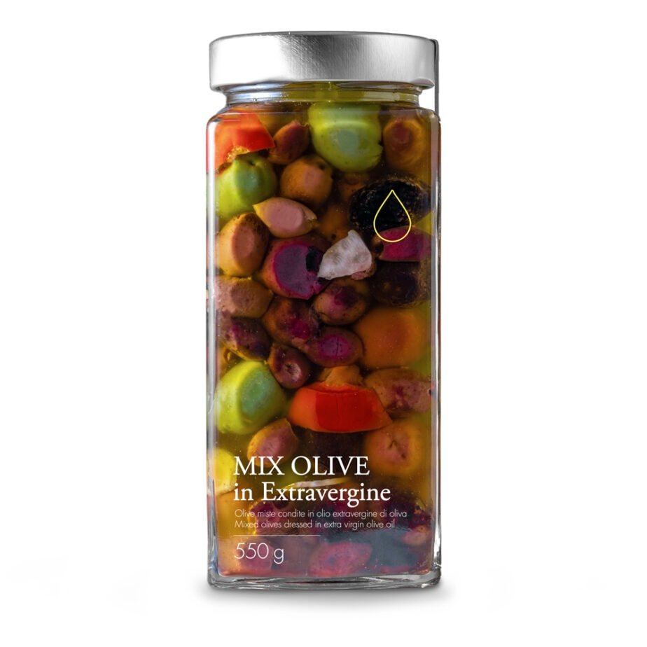 Mix van groene en zwarte olijven in extra vierge olijfolie uit Italië, 550 gram