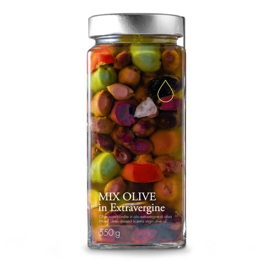 Mix van groene en zwarte olijven in extra vierge olijfolie uit Italië, 550 gram
