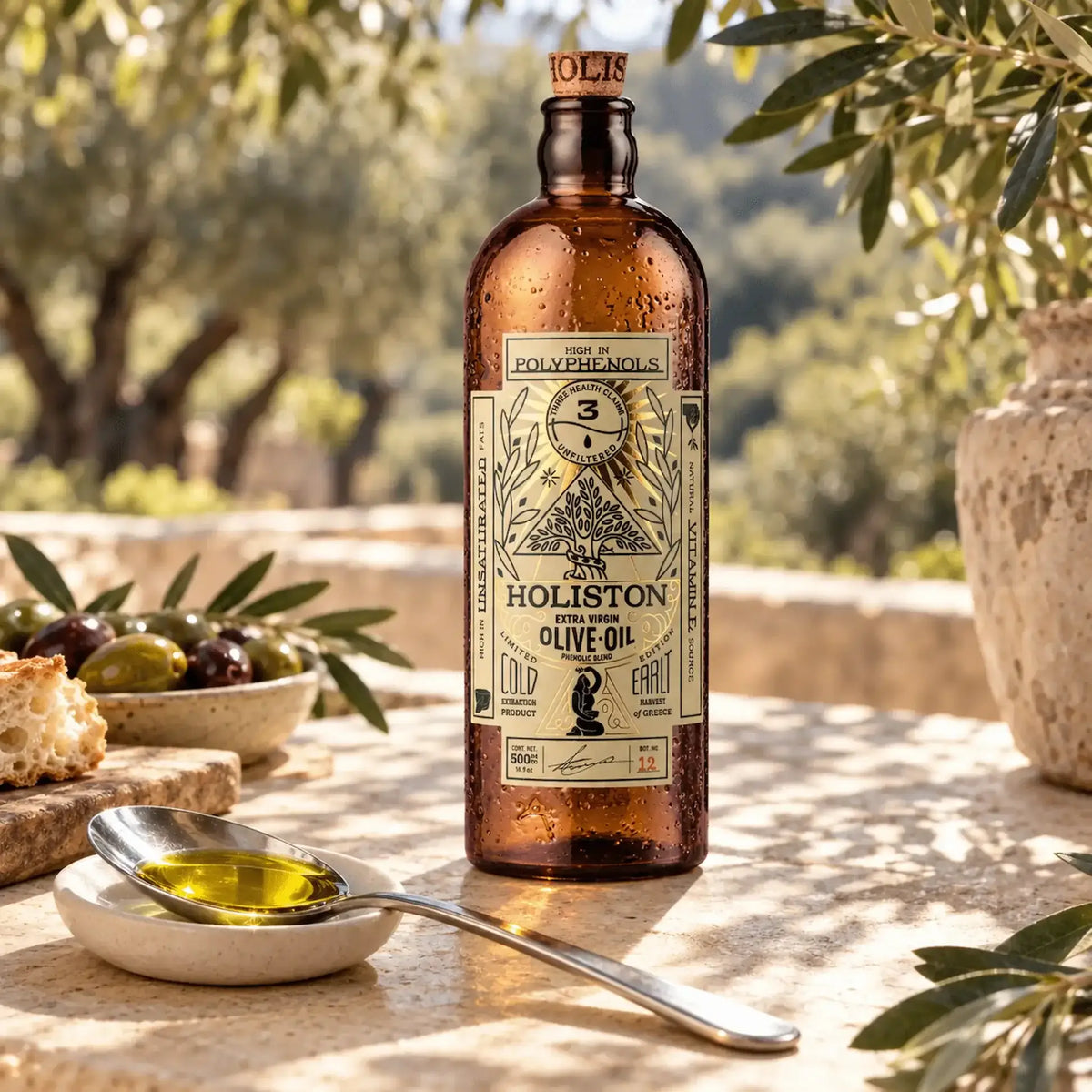 Holiston extra vierge olijfolie uit Rhodos 500 ml | 1197 mg/kg polyfenolen - TheOliveLabel.shop