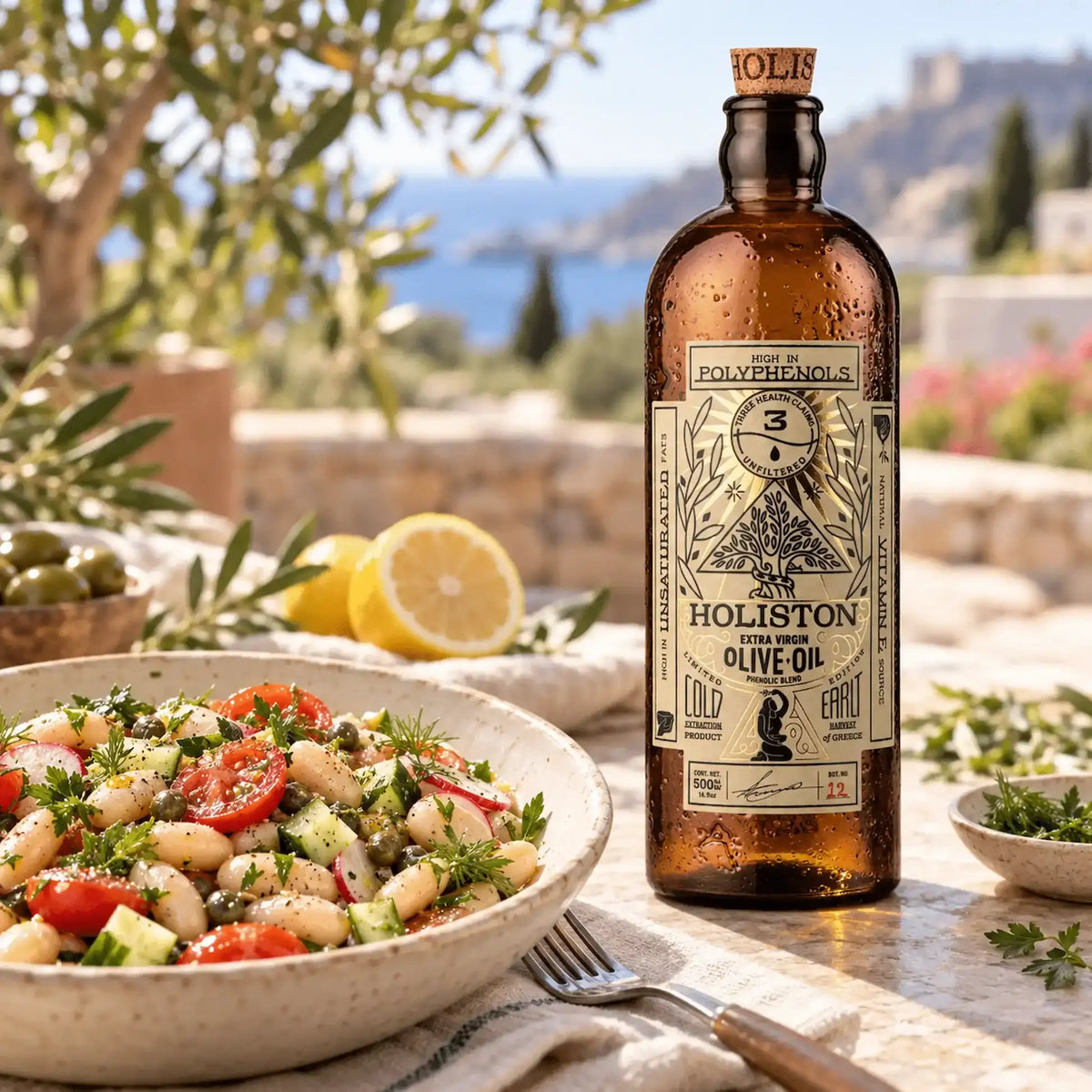 Holiston extra vierge olijfolie uit Rhodos 500 ml | 1197 mg/kg polyfenolen - TheOliveLabel.shop
